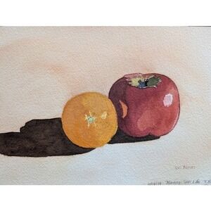 Vtg Still Life Watercolor 8x12 Fruit Apple Orange Signed Teri Banas Minimalist